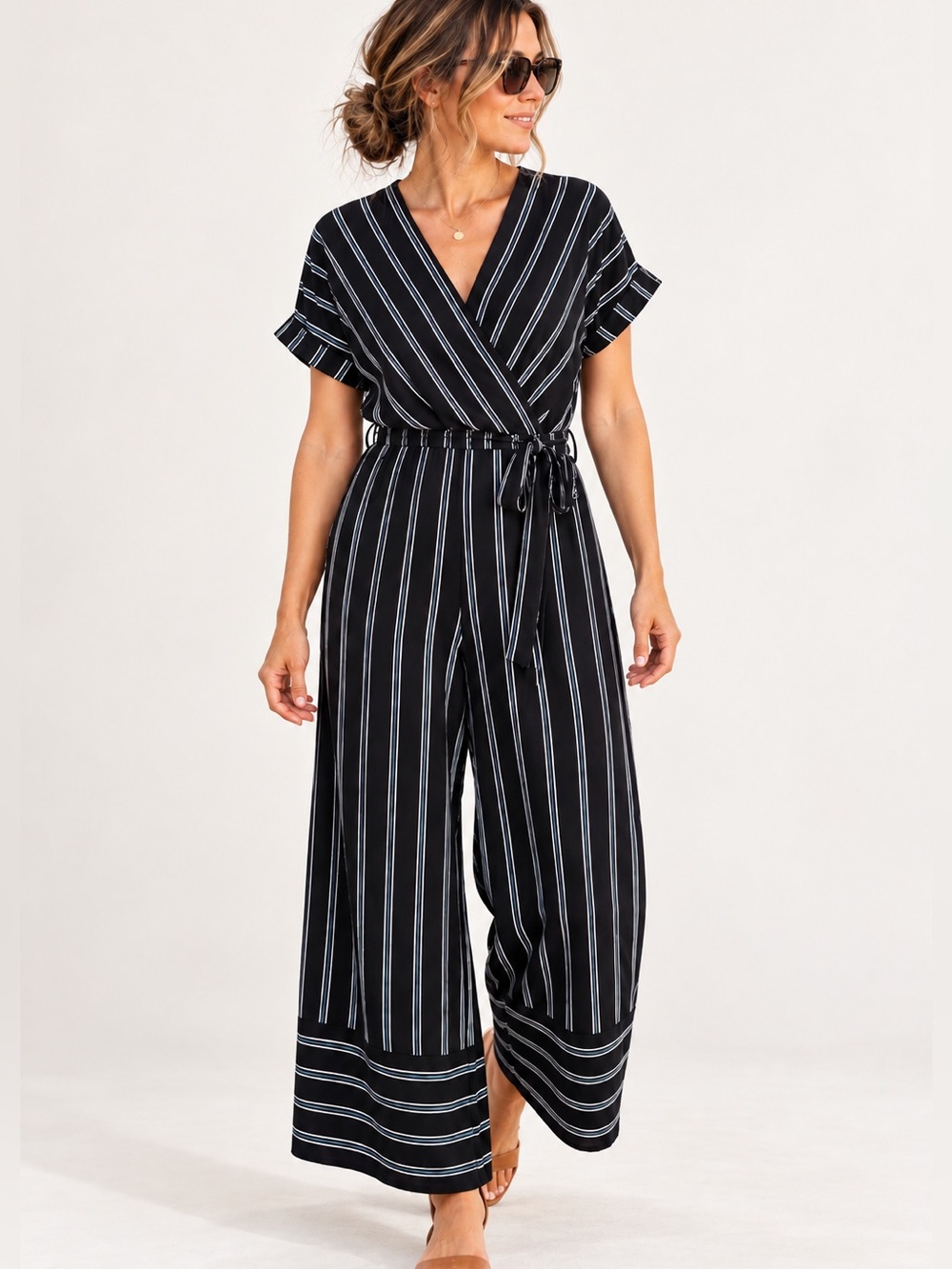 Ces Femme Black Striped Wide Leg Jumpsuit